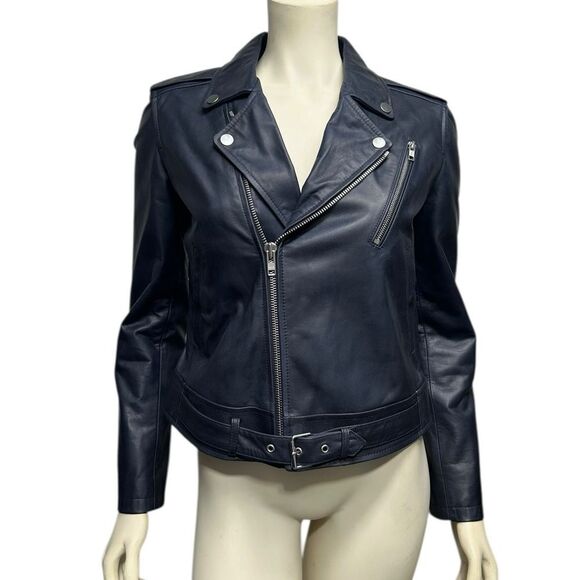 NWT Theory Speed Leather Jacket Dark Navy Blue Asymmetrical Zip Style Sahral - Picture 5 of 16